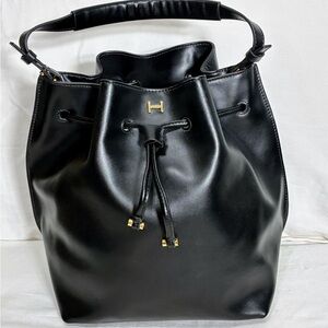 H by Halston bag black drawstring smooth leather satchel bucket bag